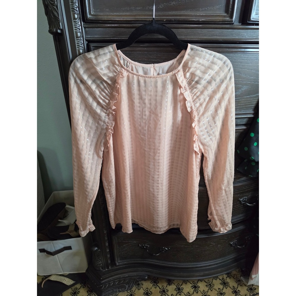 Calvin Klein Peach Metallic Grid Ruffle Long Sleeve Blouse M1GAS516 XS